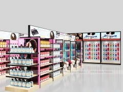 Pink Beauty Supply Shop Layout with Center Aisle and Perimeter Walls for Wig Shop