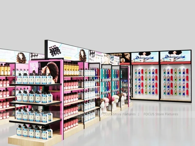 Pink Beauty Supply Shop Layout with Center Aisle and Perimeter Walls for Wig Shop