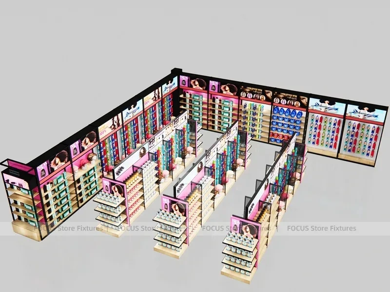 Pink Beauty Supply Shop Layout with Center Aisle and Perimeter Walls for Wig Shop