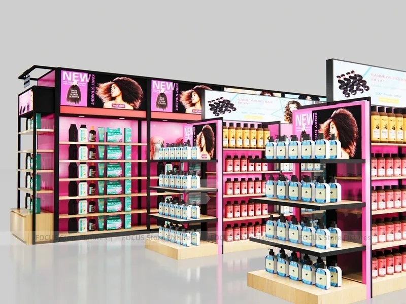 Pink Beauty Supply Shop Layout with Center Aisle and Perimeter Walls for Wig Shop