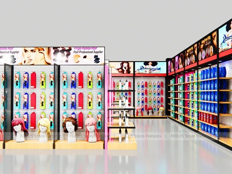Pink Beauty Supply Shop Layout with Center Aisle and Perimeter Walls for Wig Shop