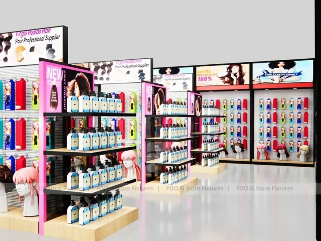 Pink Beauty Supply Shop Layout with Center Aisle and Perimeter Walls for Wig Shop