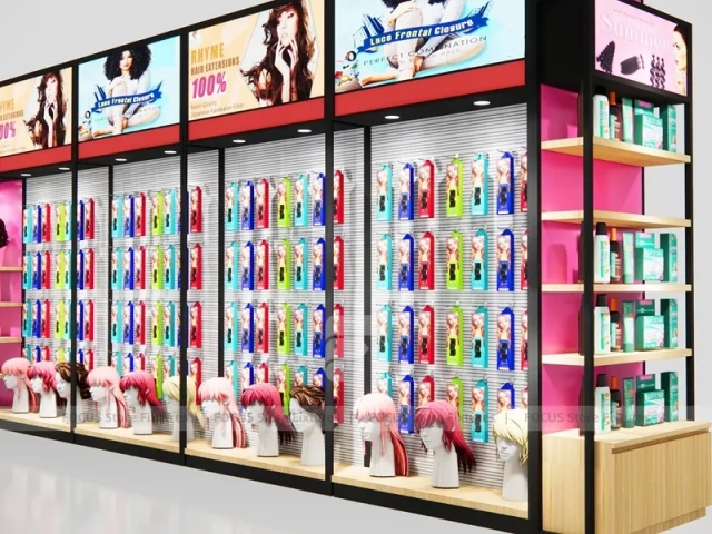 Pink Beauty Supply Wall System with Wig and Product Bays for Beauty Store