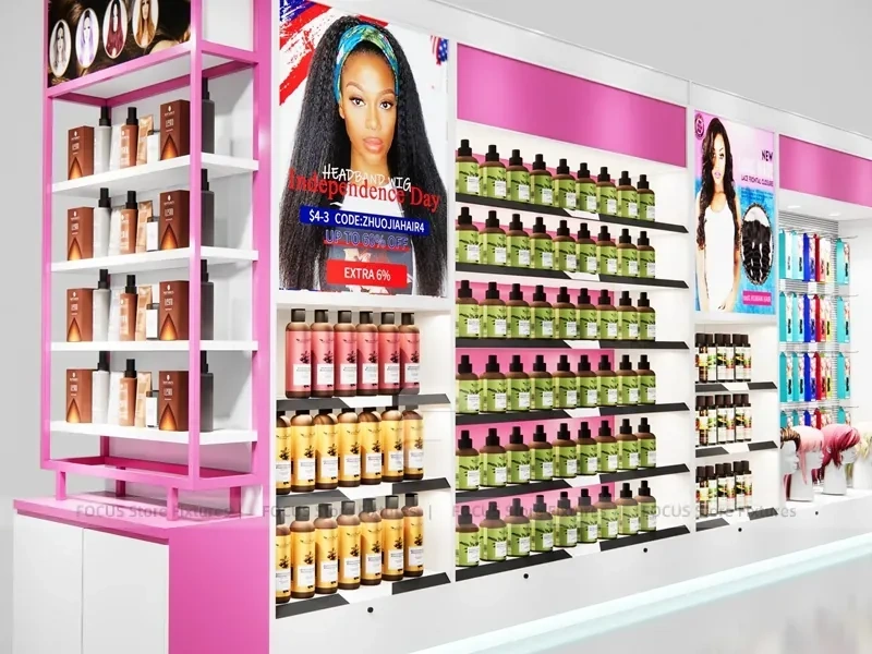 Pink Beauty Supply Wall System with Wig and Product Bays for Beauty Store