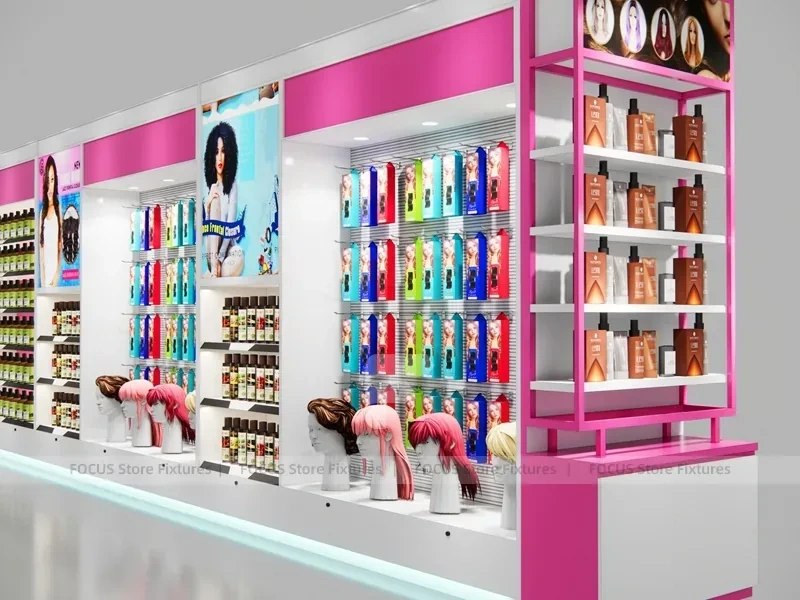 Pink Beauty Supply Wall System with Wig and Product Bays for Beauty Store