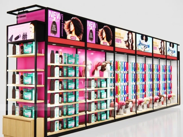 Pink Beauty Supply Wall System with Wig and Product Bays for Beauty Store