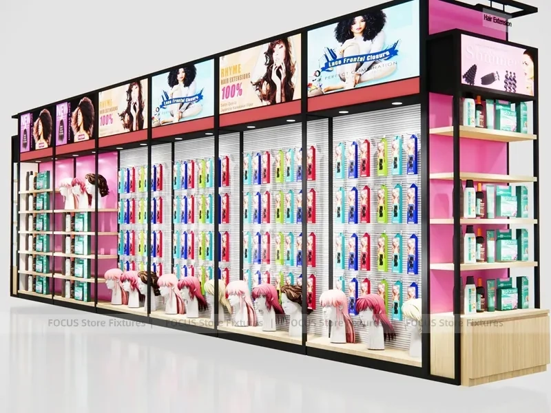 Pink Beauty Supply Wall System with Wig and Product Bays for Beauty Store