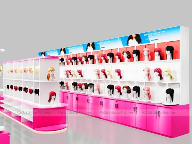 Pink Corner Wig Display Wall with Pedestal Counter for Beauty Store