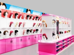 Pink Corner Wig Display Wall with Pedestal Counter for Beauty Store