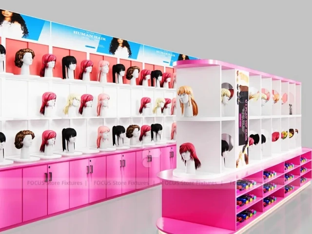 Pink Corner Wig Display Wall with Pedestal Counter for Beauty Store