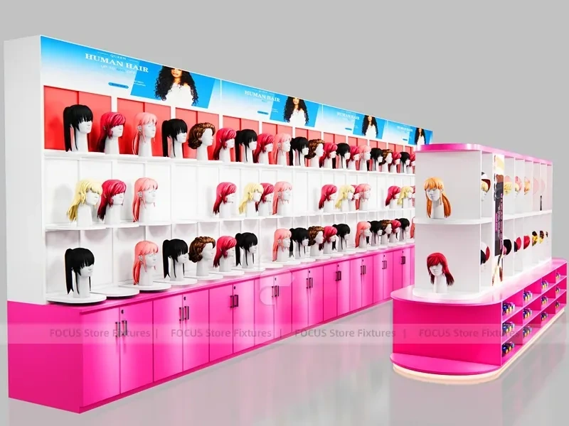 Pink Corner Wig Display Wall with Pedestal Counter for Beauty Store