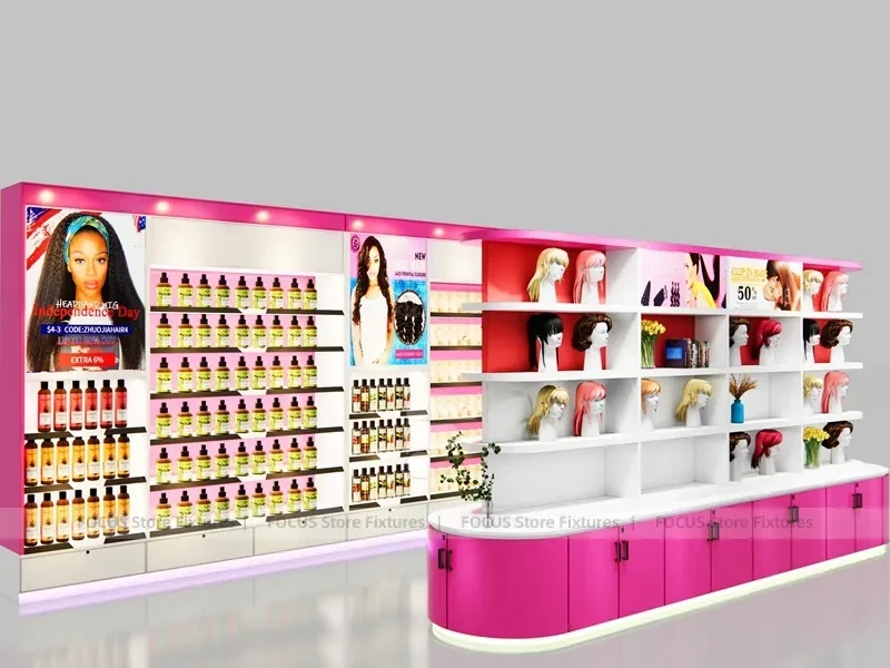 Pink Corner Wig Display Wall with Pedestal Counter for Beauty Store