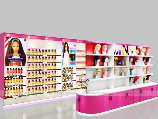 Pink Corner Wig Display Wall with Pedestal Counter for Beauty Store
