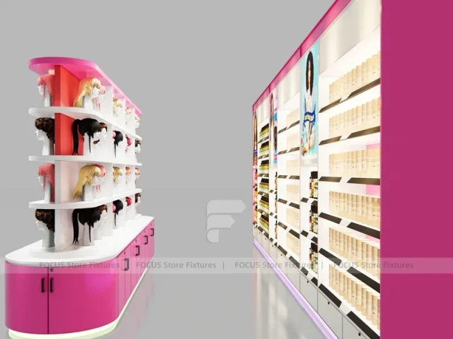 Pink Corner Wig Display Wall with Pedestal Counter for Beauty Store