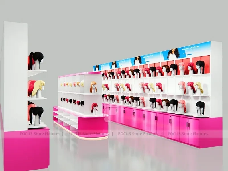 Pink Corner Wig Display Wall with Pedestal Counter for Beauty Store