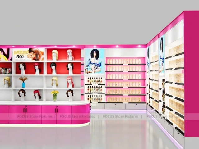 Pink Corner Wig and Beauty Wall Display System for Beauty Store