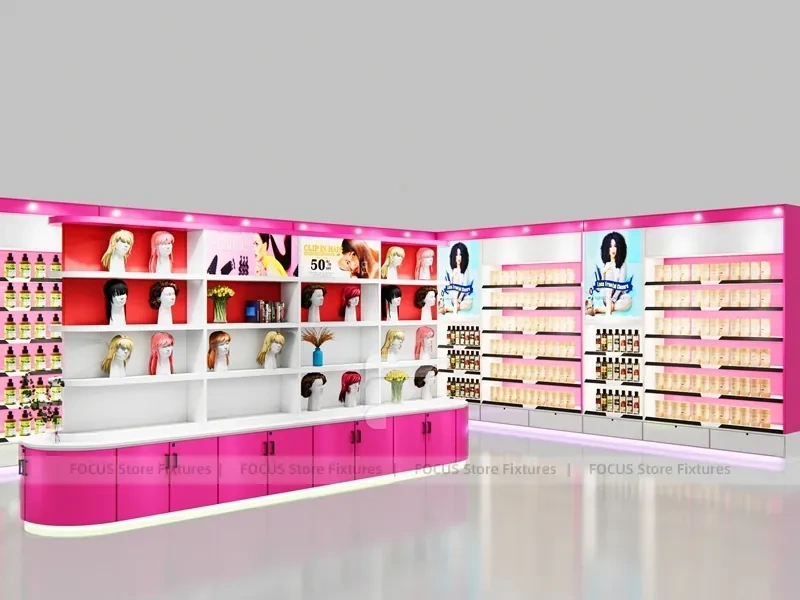 Pink Corner Wig and Beauty Wall Display System for Beauty Store