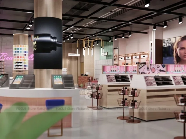 Pink Cosmetics Boutique with Central Demo Bar and Wall Shelving for Wig Shop