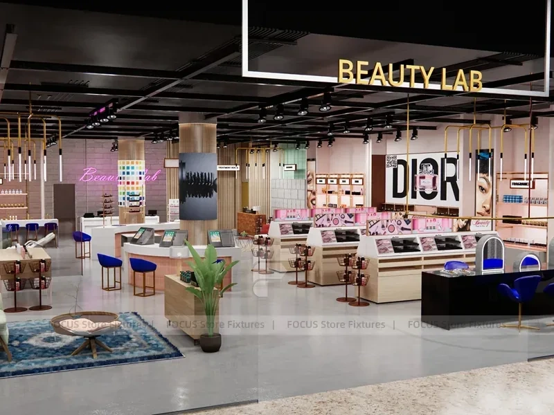Pink Cosmetics Boutique with Central Demo Bar and Wall Shelving for Wig Shop