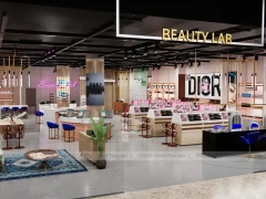 Pink Cosmetics Boutique with Central Demo Bar and Wall Shelving for Wig Shop