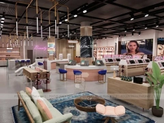 Pink Cosmetics Boutique with Central Demo Bar and Wall Shelving for Wig Shop