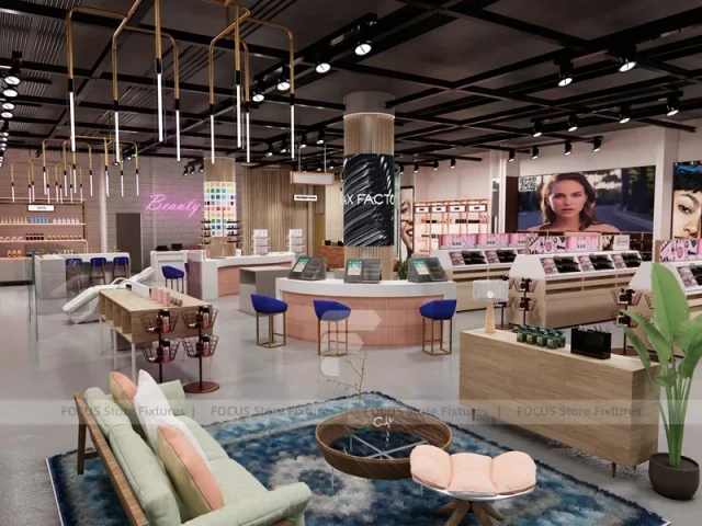 Pink Cosmetics Boutique with Central Demo Bar and Wall Shelving for Wig Shop