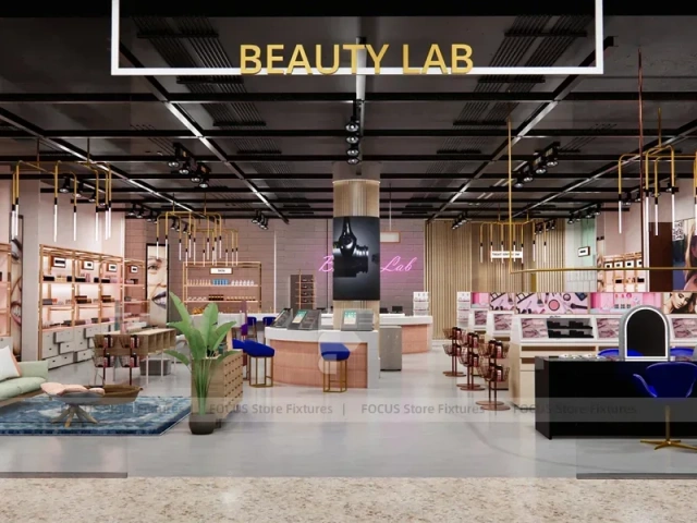 Pink Cosmetics Boutique with Central Demo Bar and Wall Shelving for Wig Shop