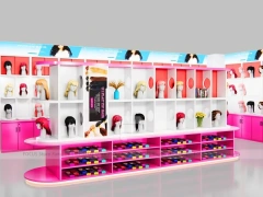 Pink L Shaped Wig Display Wall with Pedestal Counter for Beauty Store