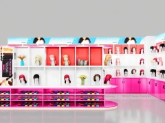 Pink L Shaped Wig Display Wall with Pedestal Counter for Beauty Store