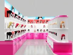 Pink L Shaped Wig Display Wall with Pedestal Counter for Beauty Store