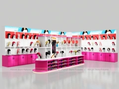 Pink L Shaped Wig Display Wall with Pedestal Counter for Beauty Store