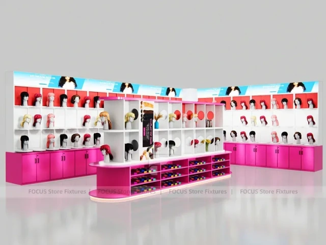 Pink L Shaped Wig Display Wall with Pedestal Counter for Beauty Store