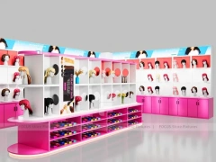 Pink L Shaped Wig Display Wall with Pedestal Counter for Beauty Store