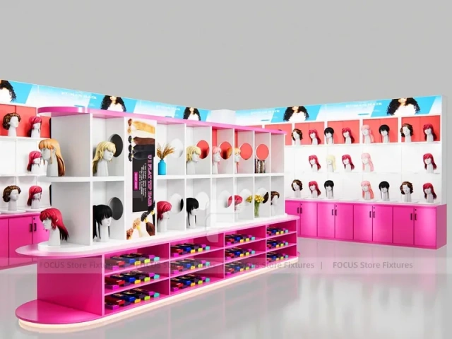Pink L Shaped Wig Display Wall with Pedestal Counter for Beauty Store