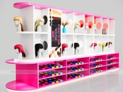 Pink Wig Display Wall with Cubbies and Base Shoe Shelves for Beauty Store