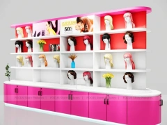 Pink Wig Display Wall with Cubbies and Base Shoe Shelves for Beauty Store