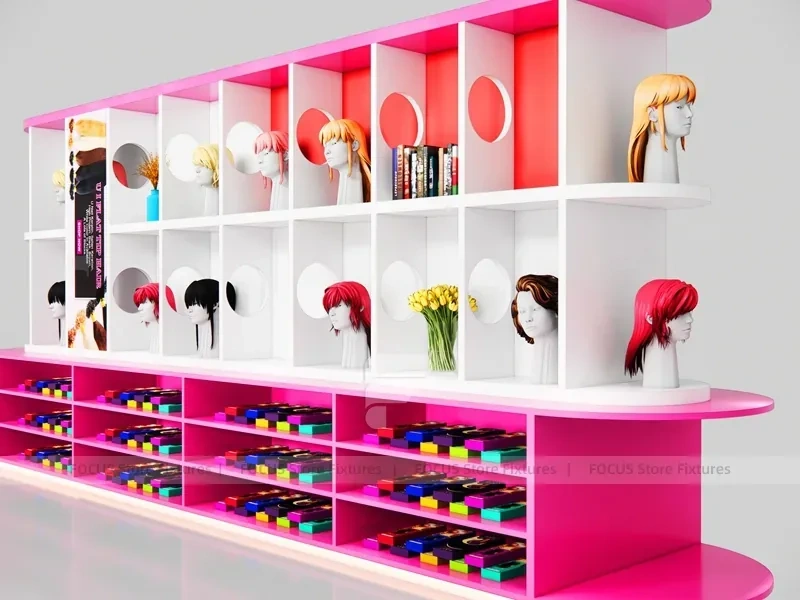 Pink Wig Display Wall with Cubbies and Base Shoe Shelves for Beauty Store
