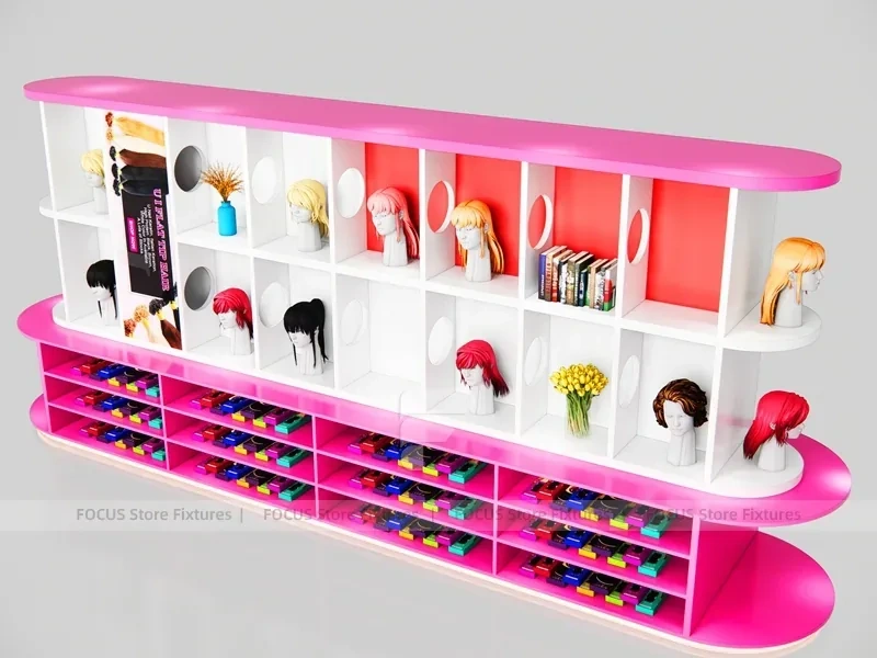 Pink Wig Display Wall with Cubbies and Base Shoe Shelves for Beauty Store