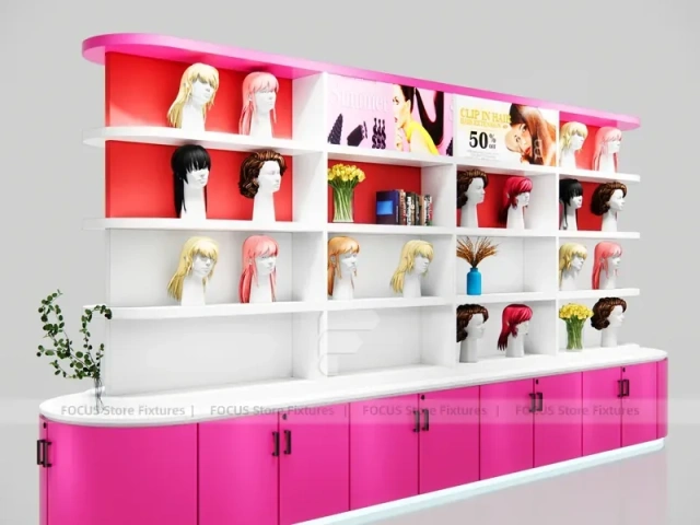 Pink Wig Display Wall with Cubbies and Base Shoe Shelves for Beauty Store