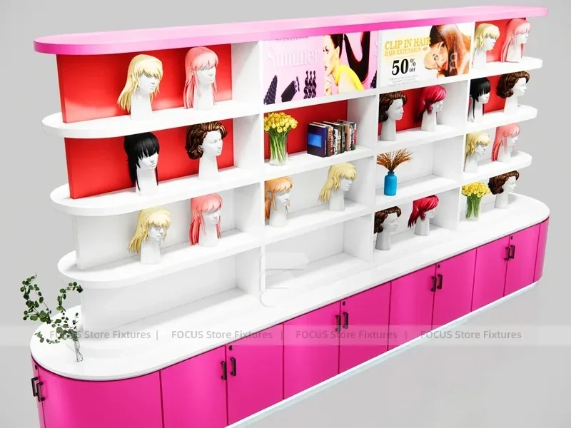 Pink Wig Display Wall with Cubbies and Base Shoe Shelves for Beauty Store