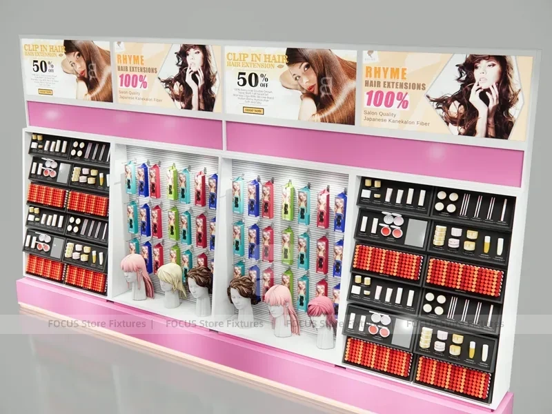 Pink Wig and Beauty Backwall Shelving with Portrait Center Bay for Beauty Store