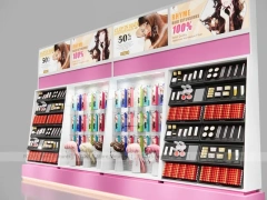Pink Wig and Beauty Backwall Shelving with Portrait Center Bay for Beauty Store
