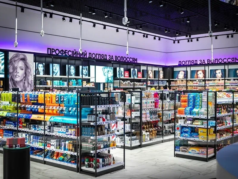Premium Beauty Supply Floor with Black Framed Glass Gondolas for Wig Shop
