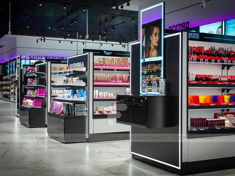 Premium Beauty Supply Floor with Black Framed Glass Gondolas for Wig Shop