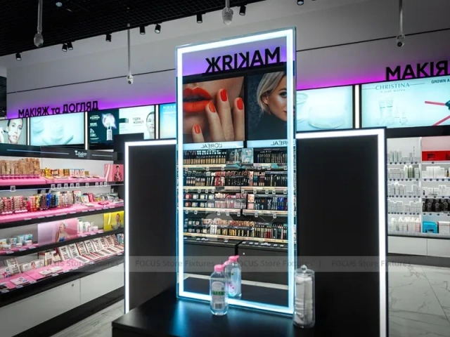 Premium Beauty Supply Floor with Black Framed Glass Gondolas for Wig Shop