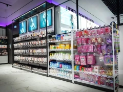 Premium Beauty Supply Floor with Black Framed Glass Gondolas for Wig Shop