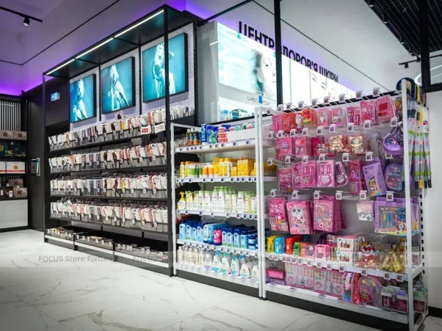 Premium Beauty Supply Floor with Black Framed Glass Gondolas for Wig Shop