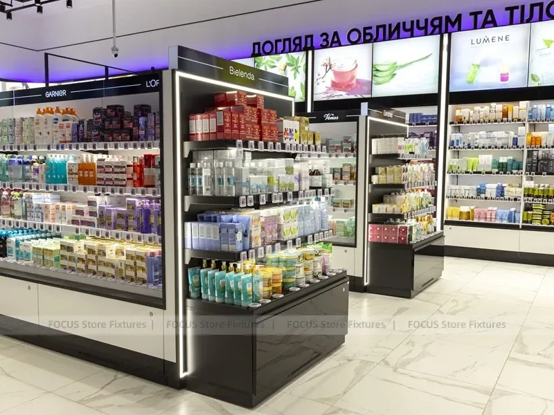 White Cosmetics Floor Gondola Layout with Low Center Shelves for Wig Shop