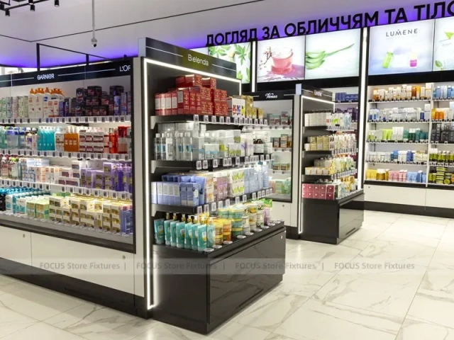 White Cosmetics Floor Gondola Layout with Low Center Shelves for Wig Shop