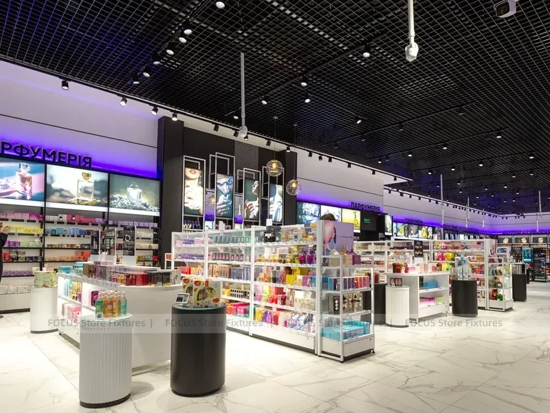 White Cosmetics Floor Gondola Layout with Low Center Shelves for Wig Shop